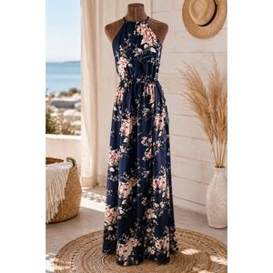 Lulu's Floral Halter Maxi Dress XS Black Pink Tie Back Formal NWT Event Wedding
